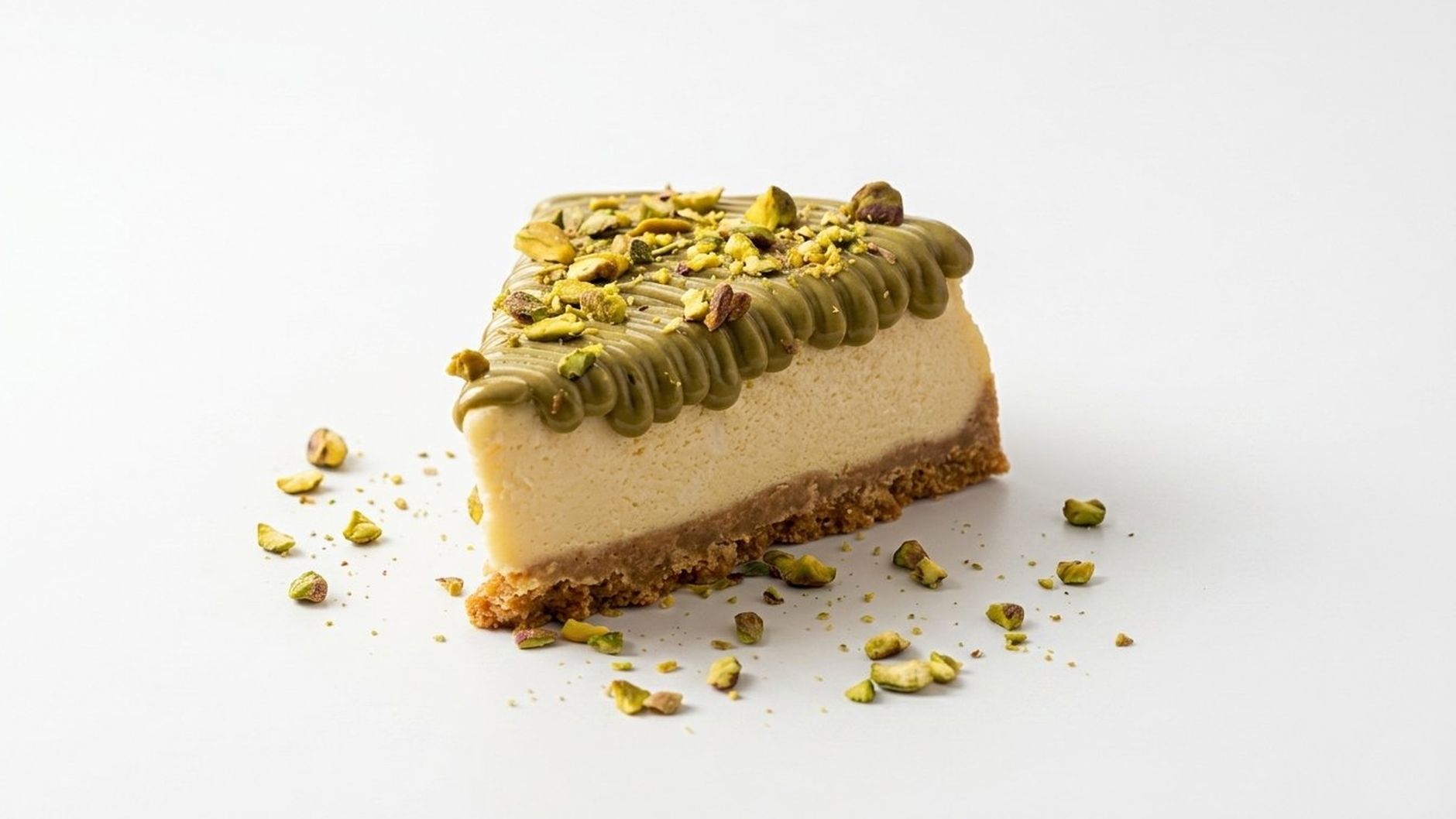 A mouth-watering slice of pistachio cheesecake with a crumbly base, perfect for dessert lovers.