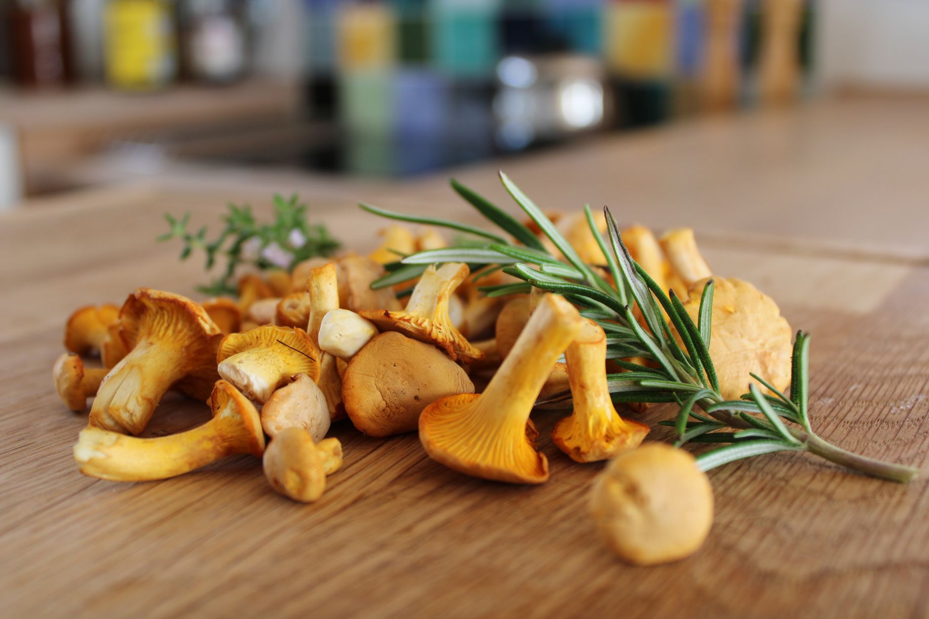 Close-up of fresh chanterelle mushrooms and rosemary sprigs on a wooden table, ideal for cooking.